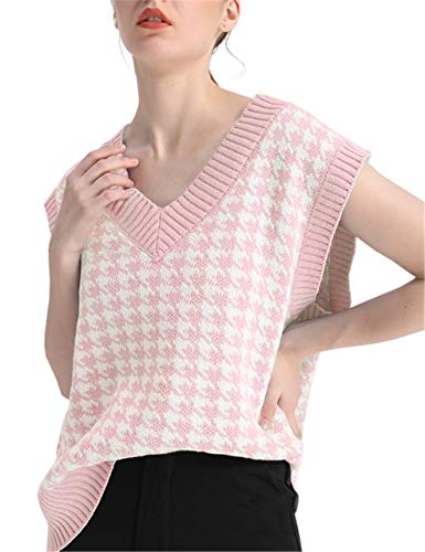 SAFRISIOR Women Casual Oversized Houndstooth Sweater Vest V Neck Geometric Knitted Tank Top Sleeveless Loose Pullover Pink