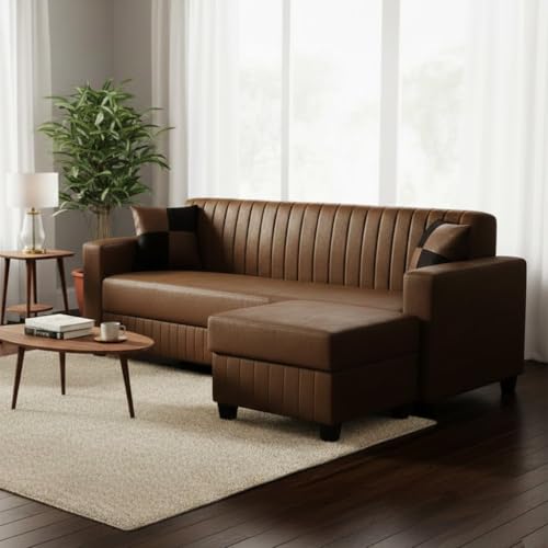 Image of FURNY Gracina 4 Seater L Shape Sofa Set with Movable Ottoman | Flexible Left or Right Layout | Premium Leatherette Upholstery (Brown) | Perfect for Living Room, Guest Room & Office