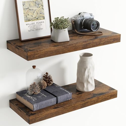 Image of 24 Inch Floating Shelves for Wall, 8 Inch Deep Floating Shelf for Storage & Display, Wall Mounted Shelf with Invisible Brackets for Living Room, Kitchen, Bathroom, Home Decor, Set of 2, Rustic Brown