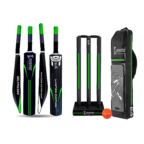 Image of Cockatoo Destructor Complete Cricket Set, Cricket Kit Combo, Cricket Bat (30.5'' x 4.0'') with 3 Stumps Wicket Set and 1 Tennis Ball, Size-5(8-12 Years)