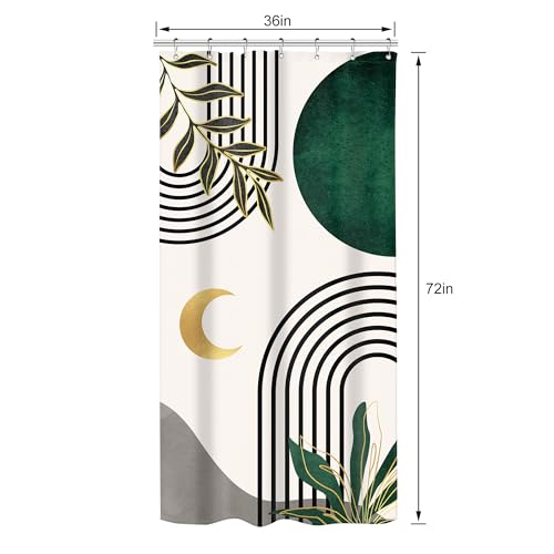 Image of Riyidecor Small Stall Bohemian Mid Century Shower Curtain Abstract Simple Arch Leaves 36Wx72H Inch Rv Narrow Modern Contemporary Moon Green Gold Fabric Decor Bathroom Polyester Waterproof Hooks