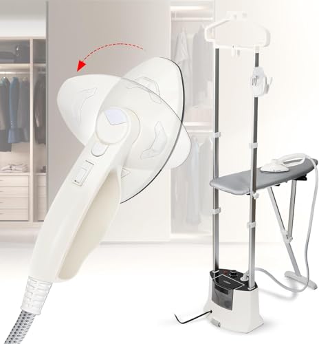 Hapyvergo 衣類スチーマー スチームヘッド回転式 ハンガースチーマー スチームアイロン アイロンボード付き 1.6L大容量タンク スチーム量調節 ハンガーにかけたまま 1時間連続使用 ガーメントスチーマー 置型 腕が楽 省スペース プロ仕様 日本語説明書付き