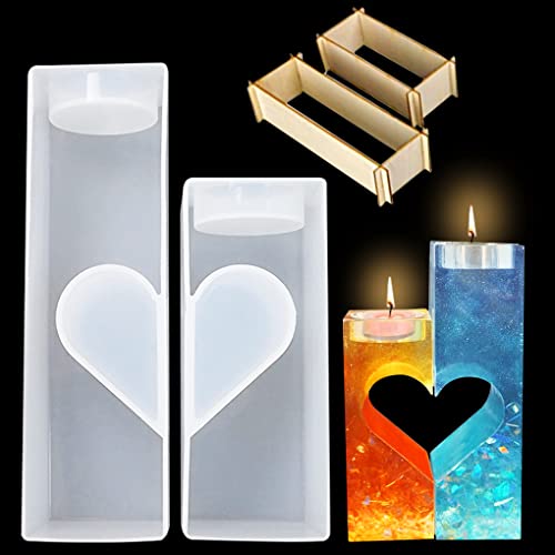 FineInno 2pcs Moules Résine Porte-Bougie Chauffe-Plat, Moules en Silicone Photophore Coeur, Resin Candle Holder Moule Epoxy Chandelier en Cristal pour Saint Valentin Cadeau (Candle Holder Molds) Cover