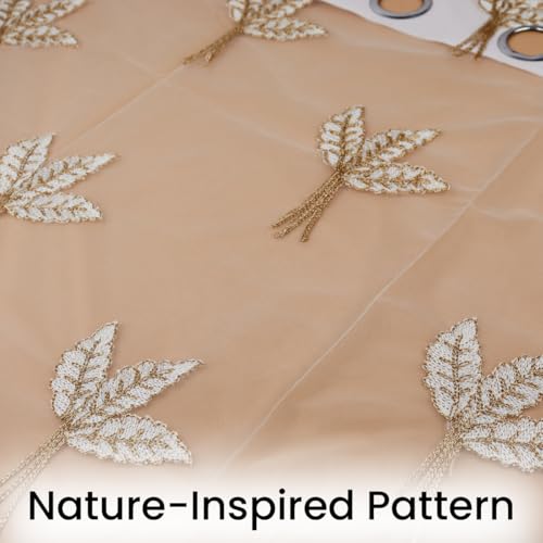 Image of Fabrilia Luxury Gold Leaf Embroidered Sheer Curtains - Premium Tissue Net Transparent Grommet Panels for Living Room & Bedroom, Cream & Gold (5 feet, Set of 2)