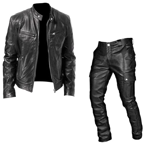 SWJGLITTR Men's Casual PU Coat Leather Pants Set Motorcycle Two-Piece Leather Jacket Zip Up Bomber Faux Leathers Jacket (Black,Large)