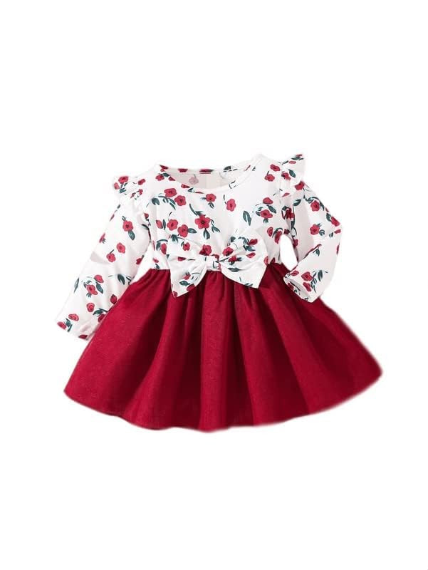 Image of OMLI Baby Floral Print Ruffle Trim Bow Front Mesh Hem Dress Round Neck Button Closure Mini Dress /Frock /OnePice /Party Dress for Baby Girls