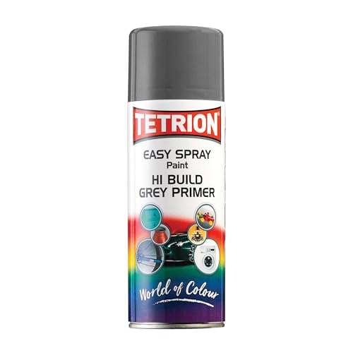 Tetrion Easy Spray Paint Primer - Hi-Build Grey Primer 400ml - Acrylic Spray Paint for Wood, Metal, Plastic, Ceramic & More - Smooth Base Coat for Paint | Indoor & Outdoor Use, 13.5 Oz