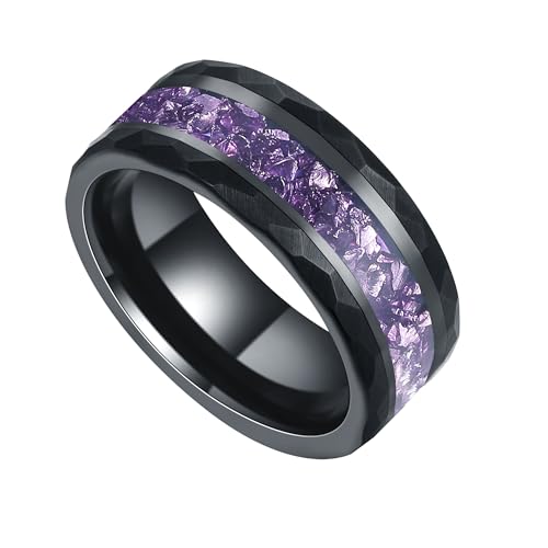 IRROYA Amethyst Black Gold Plated Tungsten Mens Wedding Band Rings, 8mm Hammered Tungsten Carbide Engagement Ring for Men's Daily Wear, Male Purple Birthstone Goth Promise Ring Gift for Him Size 9