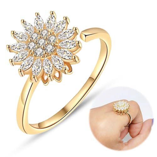Bague Anti-Stress Femme Tournante en Forme de Tournesol Strass - Bague Femme Élégante et Ludique - Bague Anti-Stress Dorée avec Détails Brillants - Idéale...