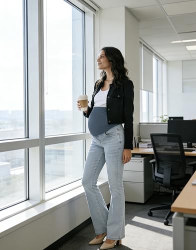 Image of GLAMIX Women's Stretch Maternity Bootcut Jeans with Pockets Over The Belly Bell Bottoms Flare Denim Pants Pregnancy Clothes