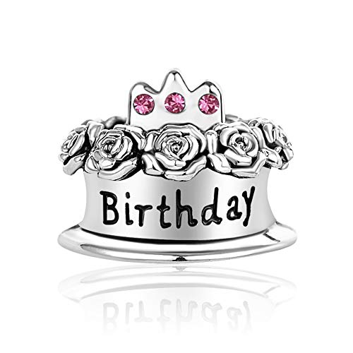 Image of Birthstones Happy Birthday Cake Charms Compatible with Pandora Charms Moments Bracelets Candle Crown Celebration Beads