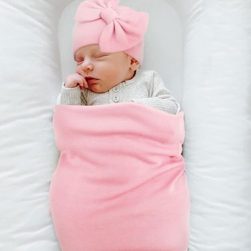 Image of AQOKKA Baby Swaddle Blankets with Bow Hat Mittens Set Infant Receiving Blankets Swaddles for Newborns Unisex Toddler Swaddle Wrap Sets for Baby Girls Boys Nursery Warm Shower Gift