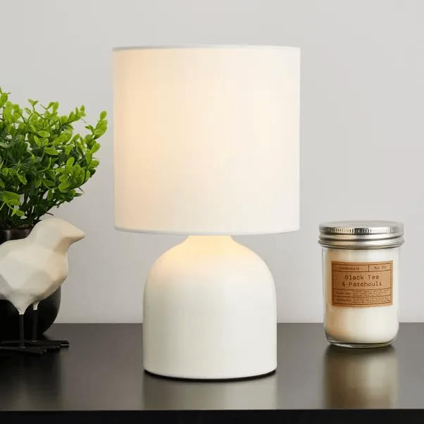 New Ceramic Table Lamp – Modern Compact Bedside Lamp with Fabric Shade – E14 SES Cap – 4W Max – Inline Switch – H24cm x Dia14cm – Sleek Contemporary Design M-02 (Cream)