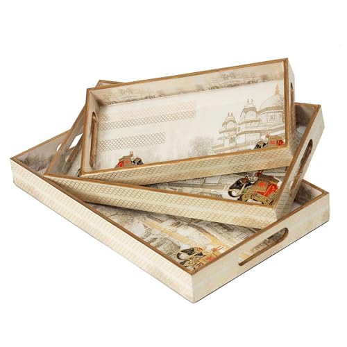 Image of Set of 3 Waterproof Wooden Trays - Royal Heritage Design with Palace & Elephant Artwork, Multipurpose Lacquer Coated MDF Serving Trays (16x10, 14x8, 12x6 Inches)(Setof3- WhiteElephant)