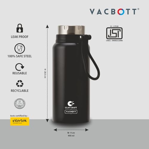 Image of CLAY CRAFT VACBOTT Topaz Uno Double Walled|18 Hours Hot and 24 Hours Cold Vacuum Insulated|Thermosteel|Flask Bottle 900 ml Steel Bottles for Travelling|BPA-Free|BIS Certified|1Year Limited Warranty