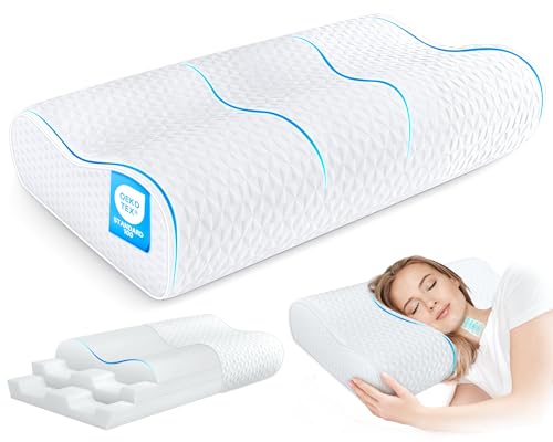 Image of Cervical Neck Pillow King Size - Cooling Adjustable Sandwich Dynamic Memory Foam Pillows for Sleeping, Contour Pillow Ergonomic Orthopedic for Side, Back & Stomach Sleepers Soft, White