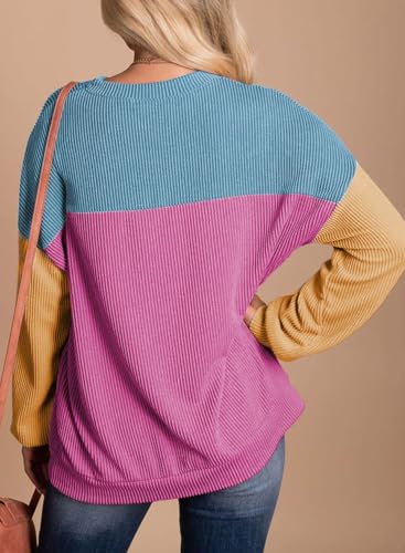Image of Dokotoo Womens Tops Fashion 2026 Color Block Long Sleeve Shirts for Women Crewneck Knitted Casual Loose Blouses