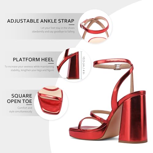 Image of MIRAAZZURRA Platform Strappy Heel Sandals Square Open Toe Two Strap Chunky High Heeled Sandals with Buckle Ankle Strap for Women Party Wedding Dress