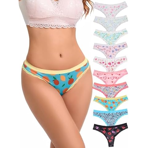 Morvia 10pcs Women's Fruits Hearts Leopard Floral Print Thongs Underwear Soft Lace Trim Panties Lingerie (US, Alpha, X-Large, Regular, Regular, 10pcs Multicolor) Cover