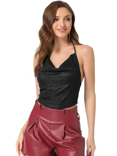Haut dos nu à paillettes femme noir XS col bénitier drapé top soirée chic