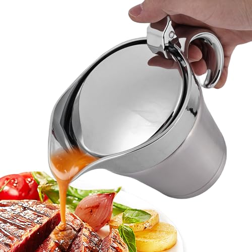 450 ML Edelstahl Thermo Sauciere: Sauciere Soßenkanne mit Klappdeckel und Henkel, Soßenspender Doppelwandig Soßenkanne Milchkännchen, für Servieren von Soße, Vanillesoße, Sahne, Soße