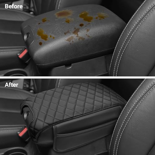 Image of Center Console Armrest Cover Compatible with 2011-2017 Jeep Wrangler JK Accessories Black Leather Arm Rest Lid Protector with Storage Pockets
