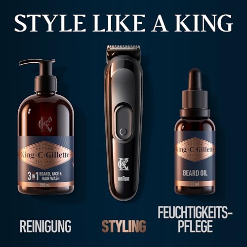 King C. Gillette Elektrischer Bartschneider Herren, Kabellos mit Ultrascharfe Lebenslang Klingen, Abwaschbarem Scherkopf und 3 Kammaufsätzen für Dreitage-, Kurzes und Langes Barthaar
