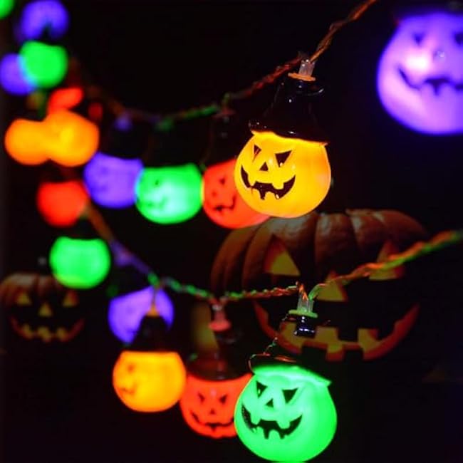 Upgraded Solar Halloween Lights Outdoor, Solar Powered Pumpkin String Lights,16ft 20LED 8 Modes Waterproof Halloween String Lights for Garden Patio Landscape Halloween Decorations(Multicolor)