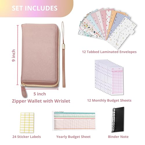 Image of Three Way Cut Cash Envelope Wallet Rose Gold All in One Budget System RFID Blocking with 12x Tabbed Envelopes 12x Monthly Budget Cards 1x Yearly Budget Planner Sheet Complete Money Organizer Set