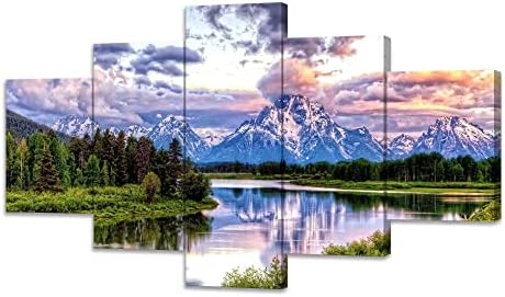 SKASNFAI 5 Pieces Mountain Grand Teton Canvas Paintings Nature Scenery Pictures Posters American National Park Landscape Wall Art Framed Decor Ready to Hang (60Wx32H)