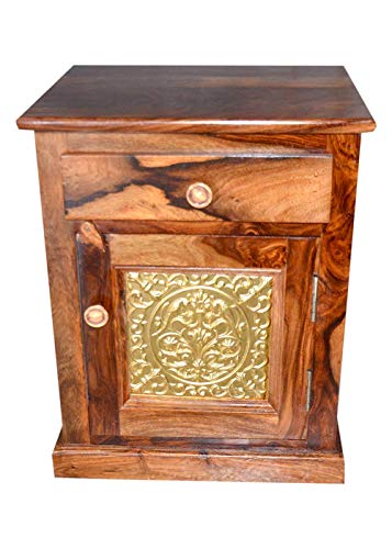Image of Solid Sheesham Wood Bedside Table for Bedroom | Handmade Pure Wooden Bed Side Nightstand End Table with 1 Drawers & 1 Open Shelf Storage for Home & Bed Room | Rosewood, Dark Brown Finish