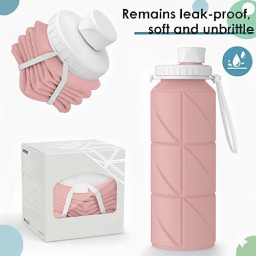 Image of 600ml Folding Silicone Water Bottle Sports Outdoor Travel Portable with Leak-Proof Lid Space-Saving for Travel, Gym, Hiking, Camping (GREEN&PINK)
