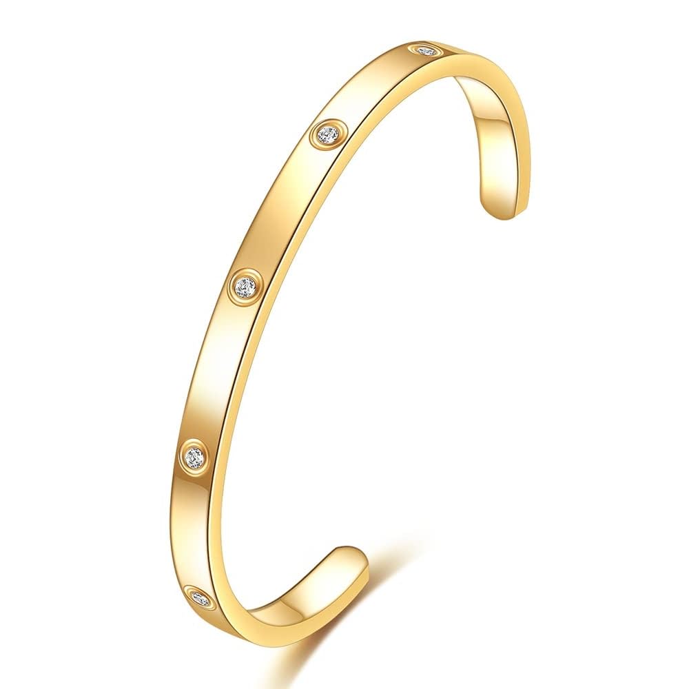 MYNENEY Rose Gold/Gold/Silver Titanium Stainless Steel Pave Cubic Zironia Simulate Diamond Stackable Oval Hinged Bangle Bracelet 6.5-7.5Inch (5mm-Cuff Gold, 7 Inch)