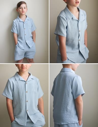 Image of Arshiner Boys 2 Pieces Summer Beach Outfits Short Sleeve Button Down Shirts and Shorts Vacation Texture Sets for Kids