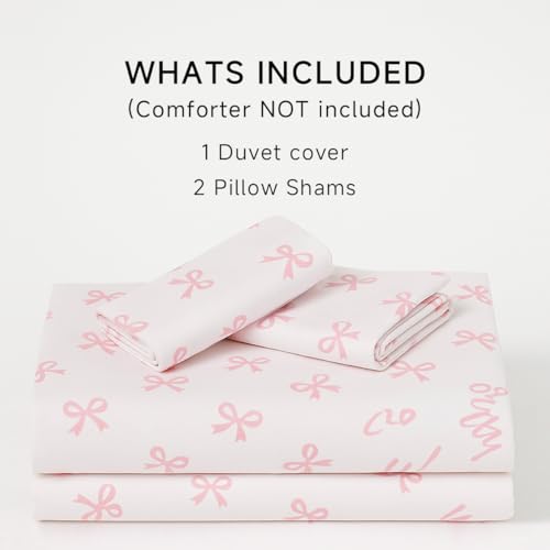 Image of Girls Duvet Cover Set Full Size,Pink White Bow Ties Pattern Bedding Set for Adults Kids Romantic Style,Soft Chic Microfiber Comforter Cover Sets with Zipper Closure and 2 Pillowcases