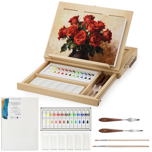 LUCYCAZ Art Easel for Painting, Tabletop Painting Easel Set for Kids, Pine-Wood Portable Easel Stand for Artists with Canvas, Acrylic Paints, Brushes, Palette and Palette Knives for Adults Beginners