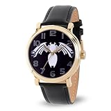 MARVEL Spider-Man Vintage Series Men’s Watch – Retro Black Dial with Venom Emblem for Bold Character Appeal – Unique Gift for Collectors – Gold-Tone Case, Bezel, and Black Leather Strap