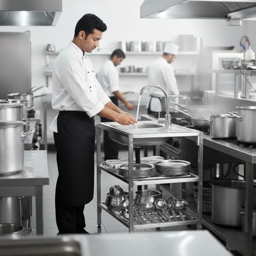 Image of Stainless Steel Restaurant Sink with Shelf and Tap - Commercial Kitchen Sink with Faucet, Undershelf Storage & Drainboard - Heavy Duty for Hotels, Cafes & Catering Use