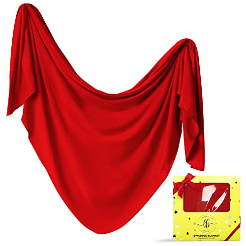 LUBELLA SUPPLY COMPANY Large Stretchy Swaddle Blankets 47" - Newborn Swaddle and Hat Set - Jersey Receiving Baby Blanket for Boys & Girls - Soft Stretch Infant Wrap 0-3 Months (Radiant Red) — gift idea for moms