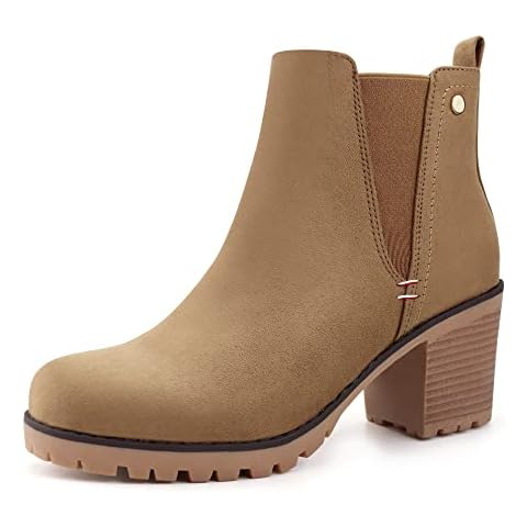 JABASIC Women Casual Suede Ankle Booties Block Heel Slip On Chelsea Boots (8.5,LT Brown) Cover