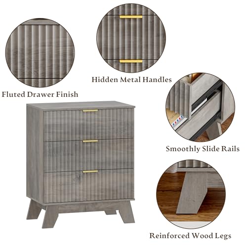 Image of HUANLEGO Fluted 3 Drawer Dresser for Bedroom, Mid Century Modern Beside Table with Metal Handle, Wooden Nightstand with 4 Drawers End Table for Living Room, Closet, Entryway, Grey