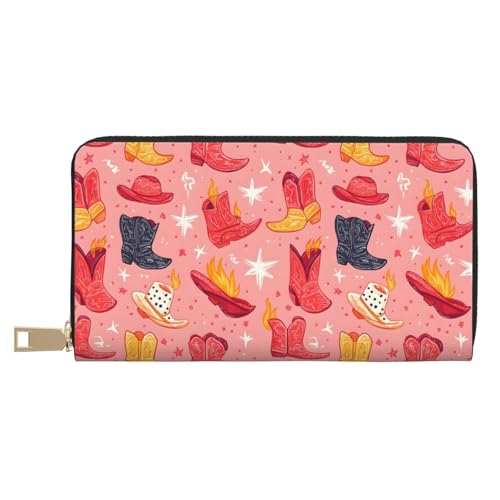 Leather Thin Slim Wallets for Women Men - Fashion Vintage Red Cowboy Boots Print Card Wallet Holder with Zipper