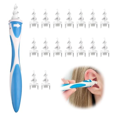 Ear Wax Remover, Safe and Effective Ear Wax Removal Tool, Spiral Ear-Wax Removal 16 Washable Soft Tips, Reusable Ear-Wax Remover Kit, Silicone Ears Cleaner, Suitable for Adults & Kids(Blue)