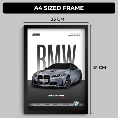 Image of BMW M4 Poster | Framed A4 Sized (31 x 23 cm) | Car Posters for Wall, Gift for Boys | Supercar Frames | BMW Poster M4 Sportscar Frame | Car Posters for Wall, Bedroom, Hostel, Study Room (F 001)