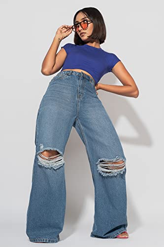 Image of FREAKINS Womens Cotton High Waist Distressed Wide Flare Jeans Regular