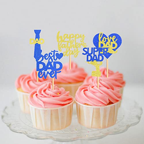 35 Pcs Father's Day Cupcake Topper Happy Father's Day Blue Gold Glitter Cupcake Topper Birthday Party Cake Decorations Toppers Picks For Father's Birthday Party Party Supply(Blue Heart) #TOP3