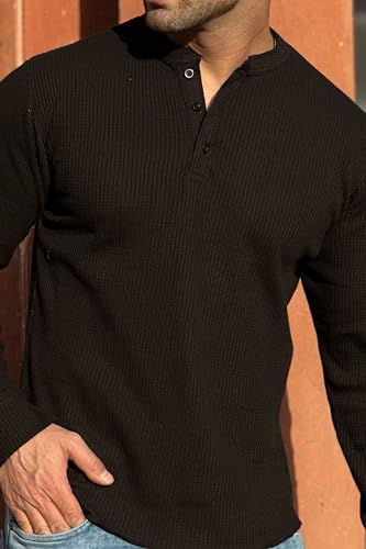 Image of GRITSTONES Men Self Waffle Knit Henley T-Shirt (GSHN-2H-01-BLK S)