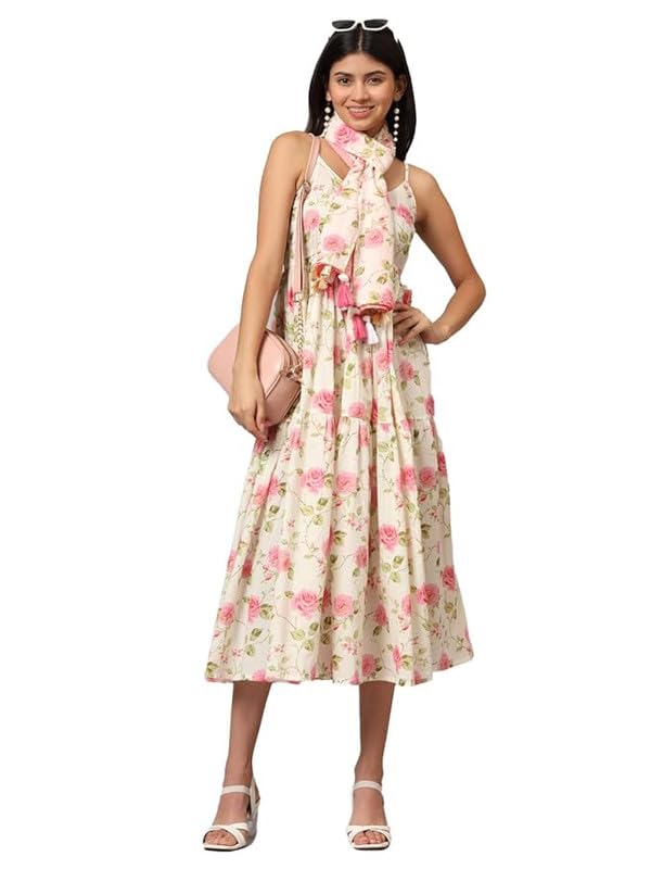 Image of FABRIC FITOOR Women Cotton Lime Green Color Geometric Print Fit & Flared Dress with Shoulder Straps