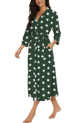 Image of VINTATRE Robes for Women Long Knit Bathrobe XS-4XL | 3 /4 Sleeve Bathrobes with Pockets, Stretchy and Lightweight Fabric, Inner Tie and Fixed Outer Belt, Mid Calf Length