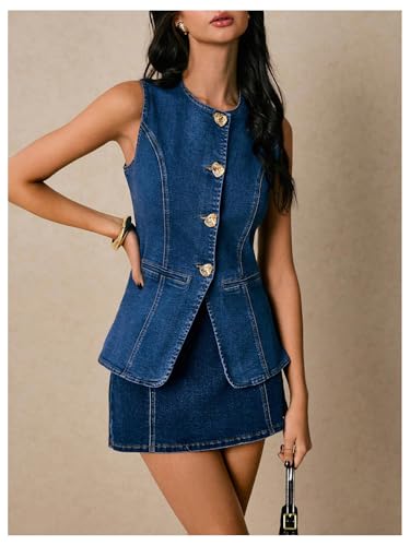 WDIRARA Women's Button Down Denim Vest Sleeveless Tank Tops Jean Jacket Waistcoat4